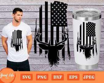 Deer and USA Flag SVG, Patriotic Distressed American Flag SVG, Deer Hunting Svg, Deer Svg, Buck Silhouette, Gift for Deer Hunter, Cricut Cut