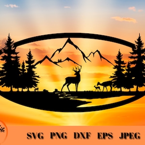 Caccia al cervo SVG, Scena di montagne, Montagna all'aperto SVG, Buck Doe e Fawn SVG, Scena della fauna selvatica Png, Regalo per cacciatore di cervi, Cricut Cut File