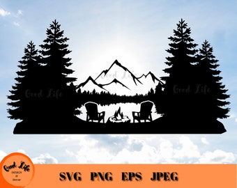 See Berge Adirondack Stühle Outdoor Szene SVG, Bergsee und Lagerfeuer Szene SVG, Leben im Freien SVG, entspannende Lagerfeuerszene, Cricut