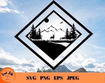Deer Family Mountain Scene Framed, Deer and Mountains Scene SVG, Landscape Wildlife Scene SVG, Hunting SVG Cricut File, Gift for Deer Hunter