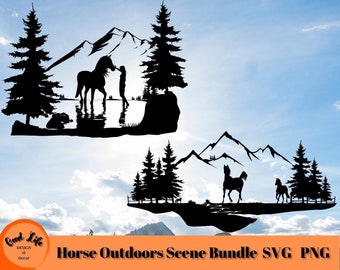 Horse Scene SVG Bundle, Horse and Majestic Mountains Scene, Horse and Girl Mountain Lake Scene,  Gift for Horse Lover, Cricut Horse Project