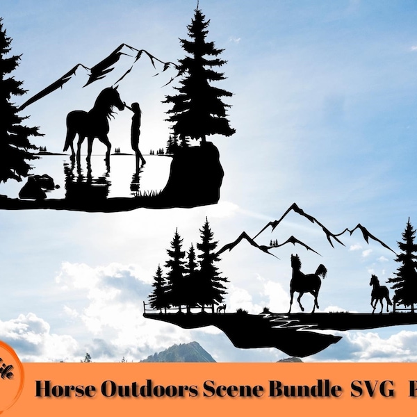 Horse Scene SVG Bundle, Horse and Majestic Mountains Scene, Horse and Girl Mountain Lake Scene,  Gift for Horse Lover, Cricut Horse Project