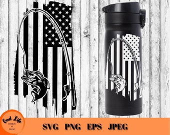 American Bass Fishing, Fish and Flag SVG, Distressed US Flag and Bass Fish, Hooked Fish SVG, Gift for Fisherman, Angler Cricut Fish Project