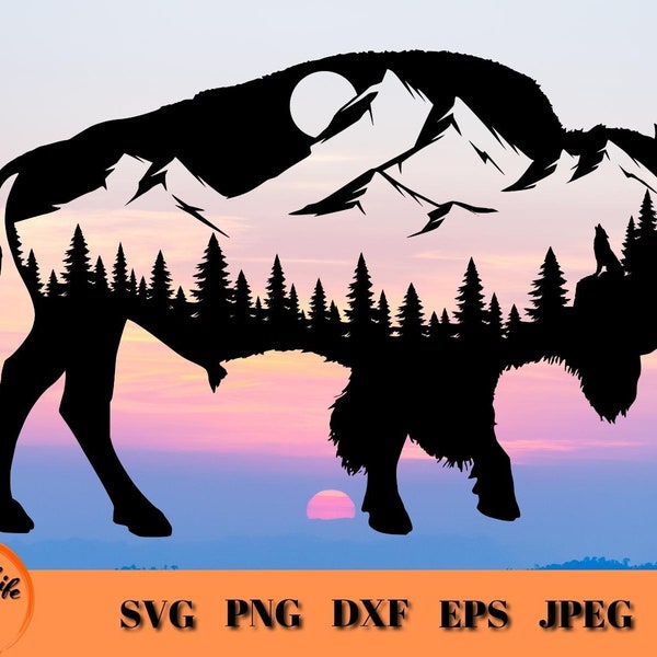 Buffalo Silhouette Landscape SVG, Howling Wolf and Forest SVG, Wildlife Mountains Scene, Bison SVG w Mountainscape Scene, Outdoors Mountain