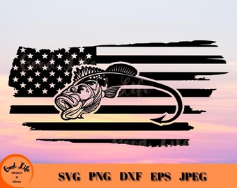 American Bass Fishing SVG, Bass Hook, Gift for Patriotic Angler, Fish SVG, Largemouth SVG, Fish Hook, Fishing Window Decal, Fish Cut File