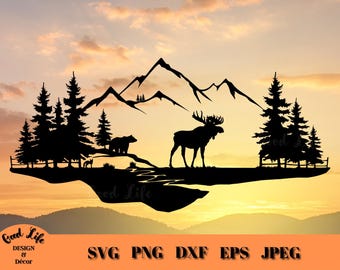 Moose and Grizzly Mountain Scene SVG, Moose PNG, Wildlife Outdoors Landscape SVG, Digital Download Graphic, Moose and Bear Forest Scene