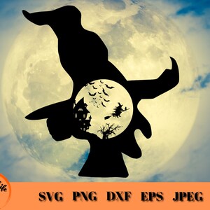 Hexe Silhouette SVG, Hexe im Flug SVG, Spukhaus Szene SVG, beängstigend Fledermäuse, gruselige Landschaft, Halloween digitaler Download Cricut Cut File