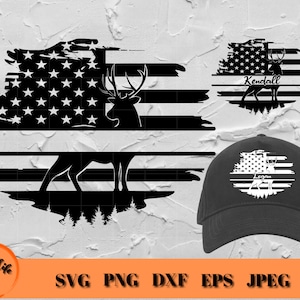 May include: Black and white silhouette of a deer with antlers standing in front of an American flag with the text "Kendall" on a white banner. The flag is distressed and has a ripped edge. The image is suitable for use as a digital download for crafting projects.