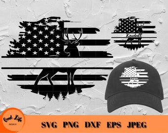 Personalized Deer Hunting and Distressed American Flag Split Name Frame SVG, Flag Split Monogram, Deer Name Frame SVG, Hunting Name Frame