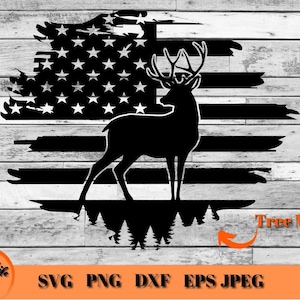 Deer and Flag SVG, Buck Silhouette Distressed American Flag, Gift For Hunter, Cricut Hunting Project Cut File, Deer Hunting SVG File,