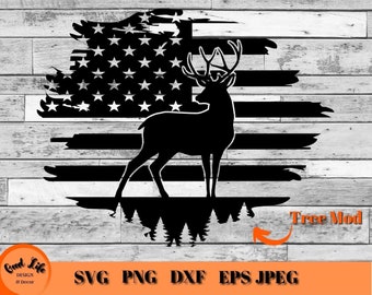 Deer and Flag SVG, Buck Silhouette Distressed American Flag, Gift For Hunter, Cricut Hunting Project Cut File, Deer Hunting SVG File,