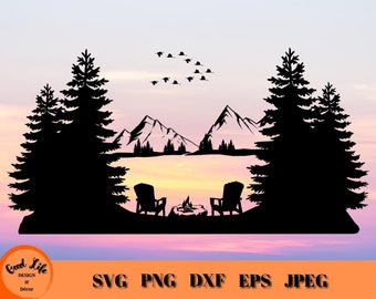 Adirondack Chairs Mountain Lake SVG, Geese in Flight, Mountains Forest Scene, Lake Life SVG, Campfire Scene SVG, Mountainscape, Landscape