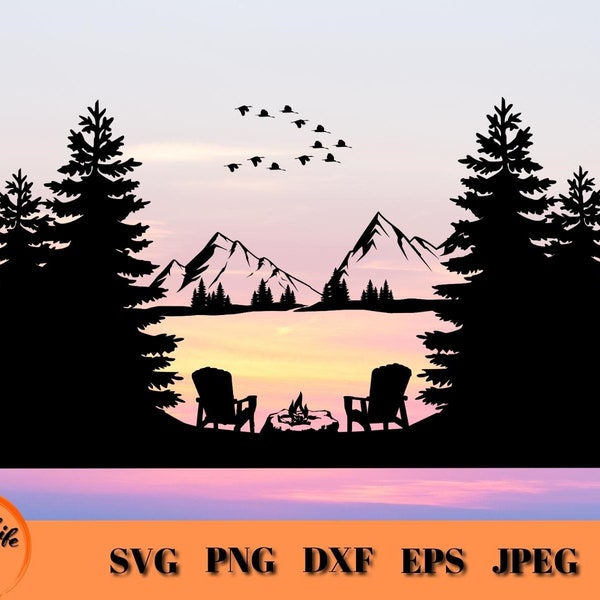 Adirondack Chairs Mountain Lake SVG, Geese in Flight, Mountains Forest Scene, Lake Life SVG, Campfire Scene SVG, Mountainscape, Landscape