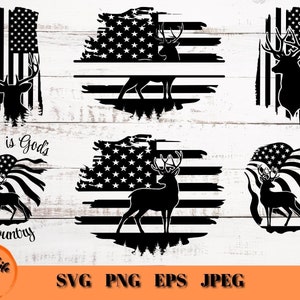 Deer Hunting SVG Bundle, Deer and Flag SVG, Patriotic Hunter SVG Files for Cricut Deer Cut File, Distressed Flag Buck Silhouette Name Frame