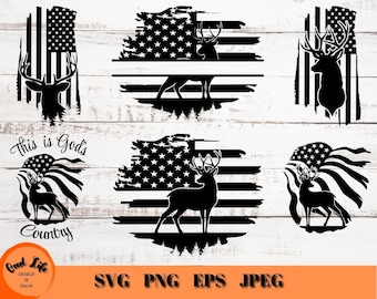 Deer Hunting SVG Bundle, Deer and Flag SVG, Patriotic Hunter SVG Files for Cricut Deer Cut File, Distressed Flag Buck Silhouette Name Frame