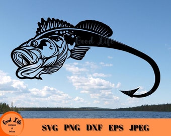 Fishing Bass Hook SVG, Fish and Hook PNG, Angler Gift, Cricut Cut File, Bass Clipart, Gift for Fisherman, Largemouth SVG, Man Cave Art