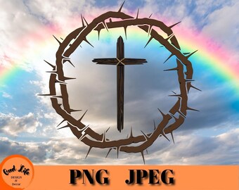 Cruz y corona de espinas (archivo PNG imprimible), cruz desgastada, arte cristiano PNG, decoración religiosa para imprimir, cruz grunge con corona de Cristo