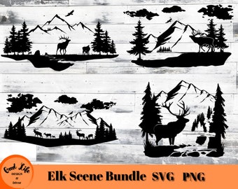 Bundle scène wapitis SVG, montagnes et paysage familial de wapitis, wapiti Silhouette SVG, SVG de la faune en plein air, lot de Svg de chasse pour wapiti chasseur