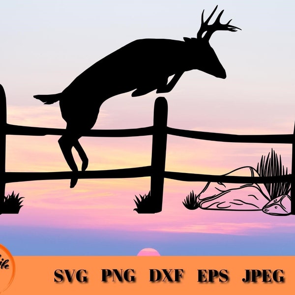 Jumping Buck Silhouette SVG, Deer Hunting Clip Art, Wildlife Scene, Vector Graphic Cut File for Cricut Hunting Project, Gift for Hunter