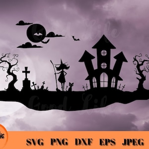 Gruselige Skyline Freche Hexe SVG, Spukhaus Halloween Szene, beängstigend Silhouette geschnitten Datei, Hallows Eve digitaler Download für Cricut Projekte