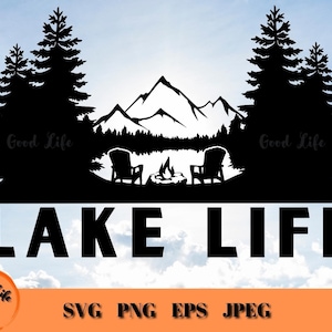 Lake Life SVG, Outdoors Campfire Lake and Mountain Scene SVG, Adirondack Chairs Outdoor Scene, Lake Living SVG, Outdoors Theme Cricut File