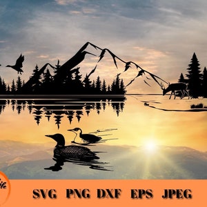 Outdoors Mountain Lake Scene SVG, Loons Ducks and Deer Scene, Wildlife Outdoor Scene, Animals and Trees Nature SVG Cut File Cricut Projects