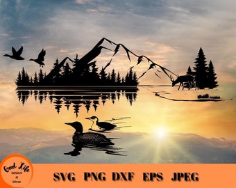 Outdoors Mountain Lake Scene SVG, Loons Ducks and Deer Scene, Wildlife Outdoor Scene, Animals and Trees Nature SVG Cut File Cricut Projects