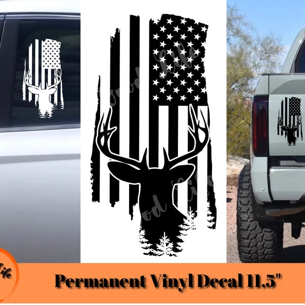 Deer Hunting Decal Distressed American Flag and Buck Silhouette, Permanent Vinyl Decal For Window Car or Truck Body Decal Hunter Truck Decor