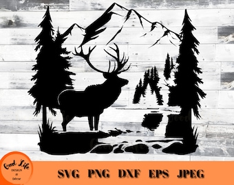 Wapiti montagne rivière scène SVG, scène de la rivière forêt, faune paysage de montagnes, wapiti Silhouette coupe Cricut fichier en téléchargement numérique, wapiti Art