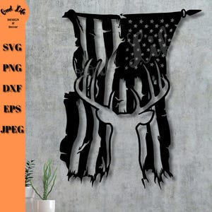 Deer Silhouette in Tattered Distressed US Flag SVG, Deer SVG, Buck and American Flag, Gift for Hunter, Hunting Art, Deer Head Graphic
