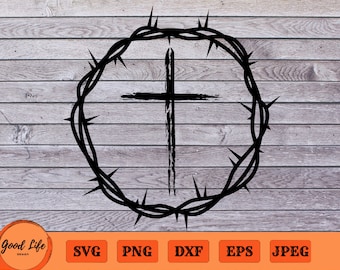 Cross SVG, Black White Crown of Thorns Svg, Christian Graphic Digital Download, Religious Wall Art, Praise, Worship, Christ Svg, Crown Svg