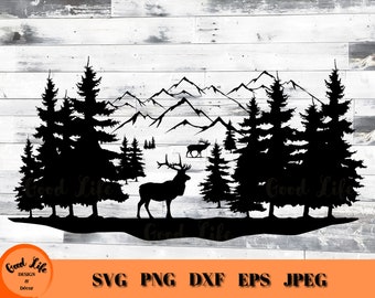 Elk Mountain Landscape Scene SVG, Mountains Wildlife Scene, Elk Silhouette Cricut Cut File, Outdoor Theme Wall Art, Outdoors Scene Decor