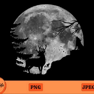 Deer Hunting PNG, Deer Moon Graphic Print, Night Deer Scene, Moon Wolf Png, Deer Silhouette, Wolf Howling, Coyote Png, Nighttime Scene
