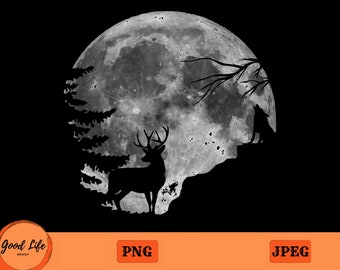 Deer Hunting PNG, Deer Moon Graphic Print, Night Deer Scene, Moon Wolf Png, Deer Silhouette, Wolf Howling, Coyote Png, Nighttime Scene