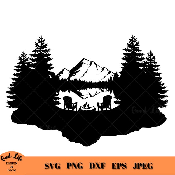 Mountain Lake Campfire Adirondack Chair Scene, Outdoors SVG Cabin Life SVG, Lakehouse Sign SVG, Mountain Landscape Wall Art Digital Download