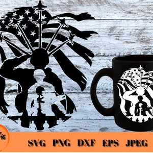 May include: A black and white silhouette of a soldier saluting with an American flag in the background. The soldier is standing in front of other soldiers. The image is ideal for patriotic crafts and projects.