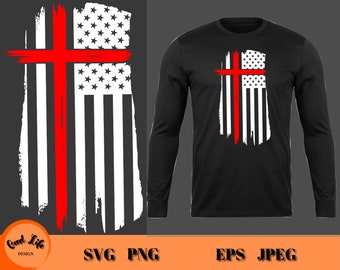Red Cross and Flag SVG, Thin Red Line Distressed American Flag SVG, Rustic Flag with Distressed Cross SVG, Fireman Svg, Firefighter Svg