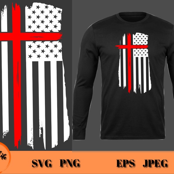 Red Cross and Flag SVG, Thin Red Line Distressed American Flag SVG, Rustic Flag with Distressed Cross SVG, Fireman Svg, Firefighter Svg