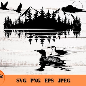 Outdoors Mountain Lake Scene SVG, Loons and Ducks Scene, Wildlife Outdoor Scene, Animals and Trees Nature SVG Cut File for Cricut Projects