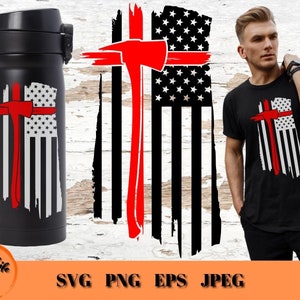 May include: A black and red design featuring a firefighter's axe crossed over an American flag. The design is available in SVG, PNG, EPS, and JPEG formats.