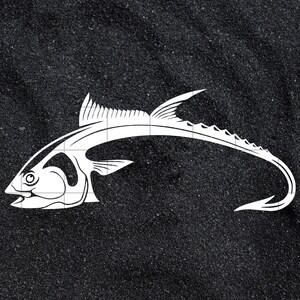 May include: A white silhouette of a fish with a curved body and a large, open mouth. The fish is set against a black background.