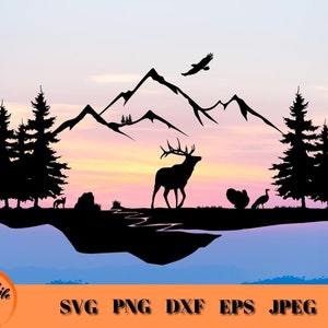 ヘラジカと雄大な山の野生動物のシーン SVG、屋外の七面鳥とキツネ SVG、ヘラジカハンターへの贈り物、ヘラジカ狩り、森林の山の風景 PNG