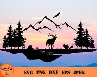 Elk and Majestic Mountain Wildlife Scene SVG, Outdoors Turkey and Fox SVG, Gift for Elk Hunter, Elk Hunting, Forest Mountains Landscape PNG