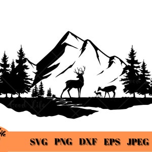 May include: Black and white silhouette of a mountain range with a large deer and two smaller deer in the foreground. There are pine trees on either side of the mountain range.
