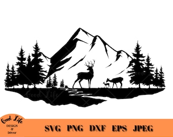 Deer Mountain Scene SVG, Forest and Mountains Stream Cut File, Deer Hunting Art, Digital Download Deer Vector Graphic Art, Deer Family PNG
