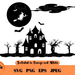 Haunted Skyline Halloween SVG, Hexe auf Besen im Flug mit Katze, Spooky Trees Hallows&#39; Eve digitaler Download, gruselige Landschaft und Bäume Szene