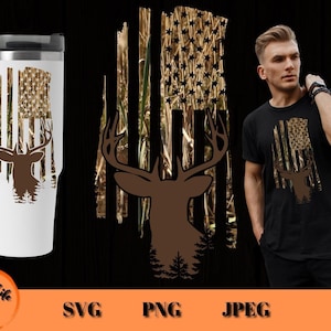 Deer Hunting Wetlands Camo Distressed American Flag and Deer Silhouette PNG, Buck & Camouflage US Flag PNG, Gift for Hunter, Deer and Flag