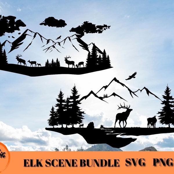 Elk Outdoors Scene SVG Bundle, Wildlife Scene SVG, Elk and Mountains Landscape Scene, Elk Family and Majestic Mountains Forest Scene Svg Png