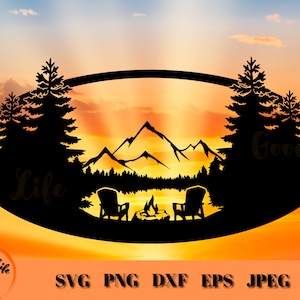 Adirondack Chairs Campfire Mountain Lake Scene SVG, Digital Download Cricut Cut File, Outdoors Trees Mountains Lake House Cabin Sign Décor