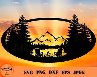 Adirondack Chairs Campfire Mountain Lake Scene SVG, Digital Download Cricut Cut File, Outdoors Trees Mountains Lake House Cabin Sign Décor